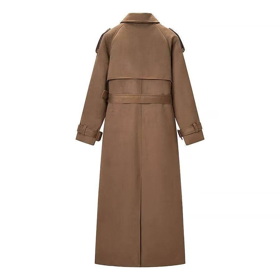 Women Longer tailored double-breasted wool blend trench coat with belt and shawl collar Fashion Glam