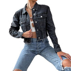 Women's cropped fitted denim jacket with raw fringe hem and flap pockets Fashion Glam