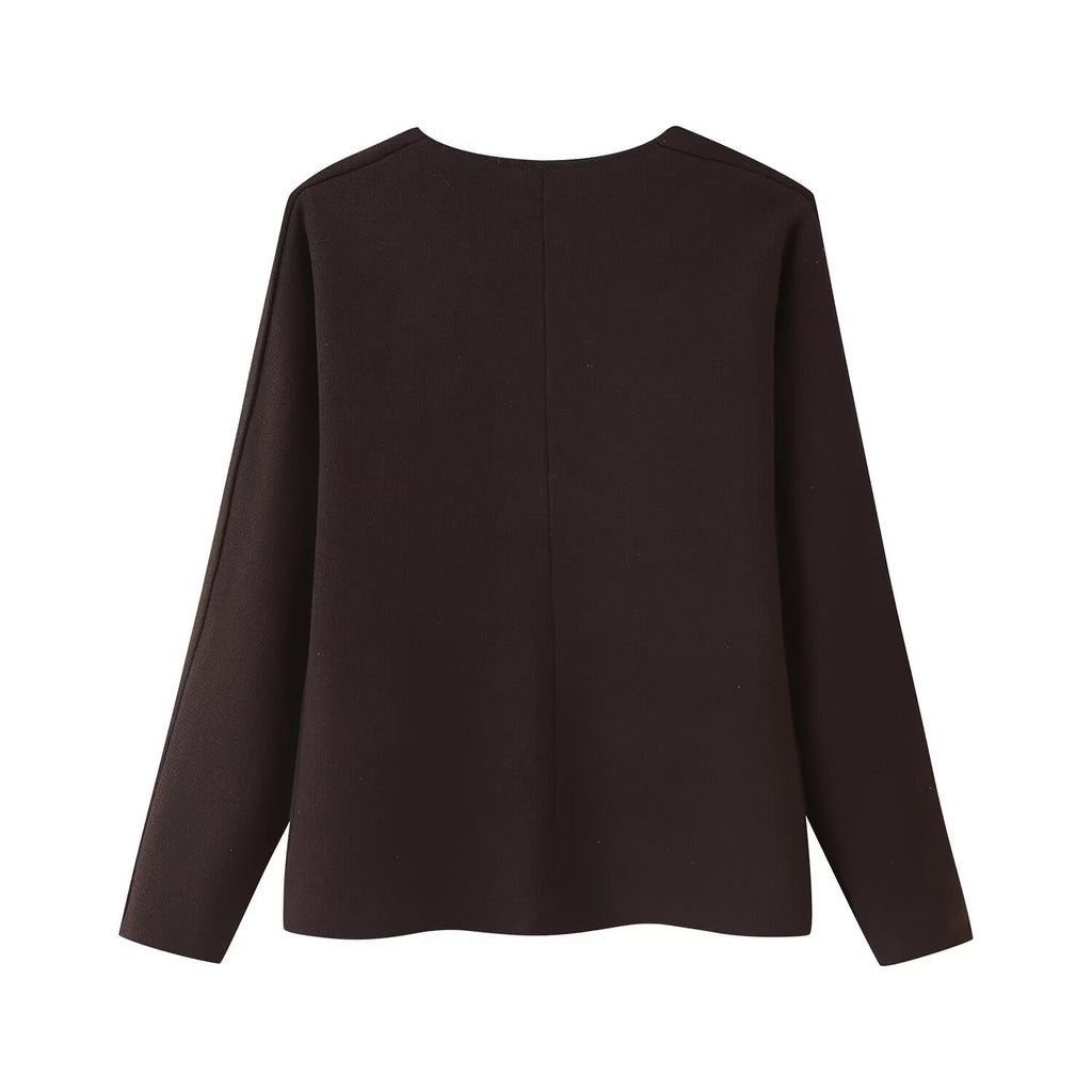 Women's Boxy Fine Knit Jacket with Deep V-Neck and Golden Decorative Buttons Fashion Glam