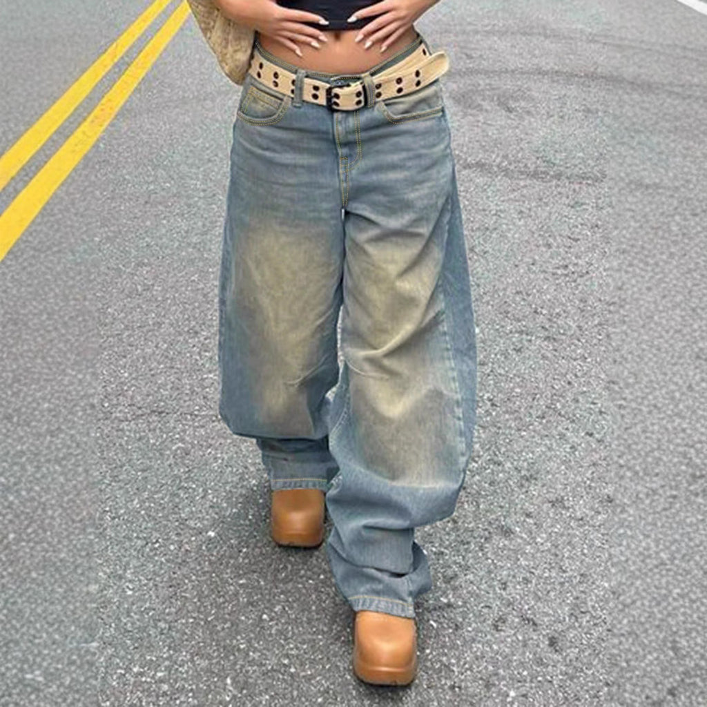 Women's vintage-inspired baggy jeans with a low rise, wide leg, and distressed wash Fashion Glam