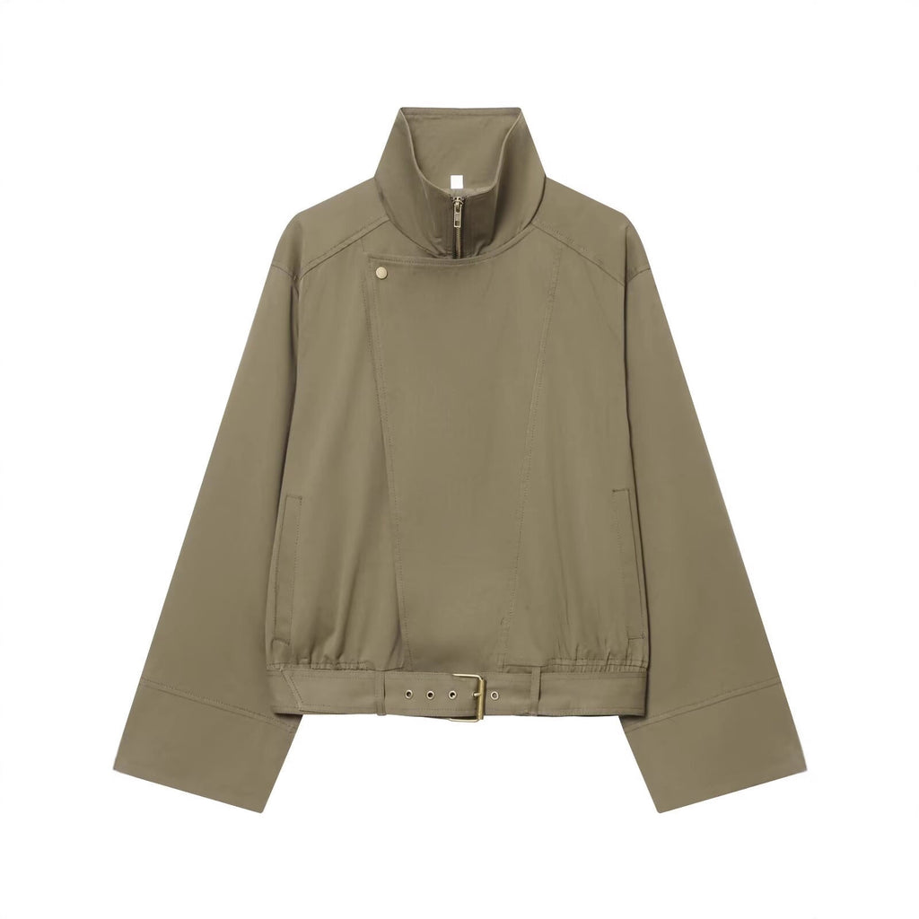 Women's short jacket with high stand-up collar, concealed zipper, and waist belt Fashion Glam