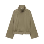 Women's short jacket with high stand-up collar, concealed zipper, and waist belt Fashion Glam