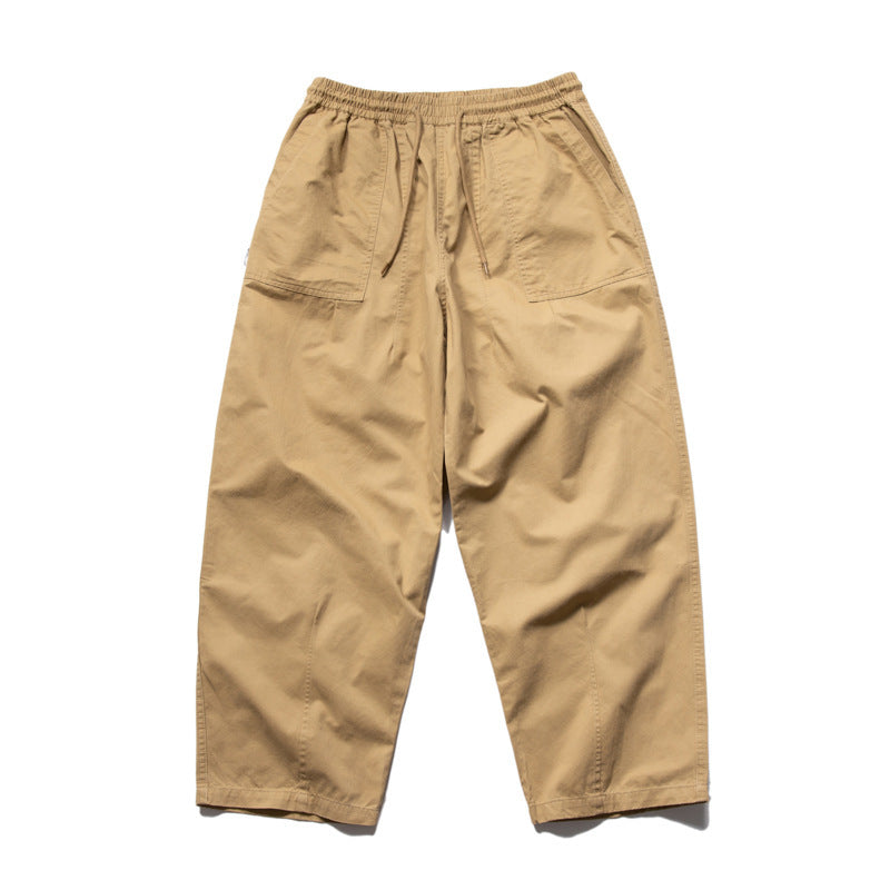 Men's Wide Relaxed Cargo Pants with Elastic Drawstring Waistband and Patch Pockets Fashion Glam