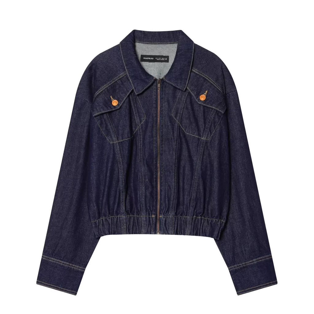 Women's bomber style jeans jacket with zipper and elastic hem Fashion Glam