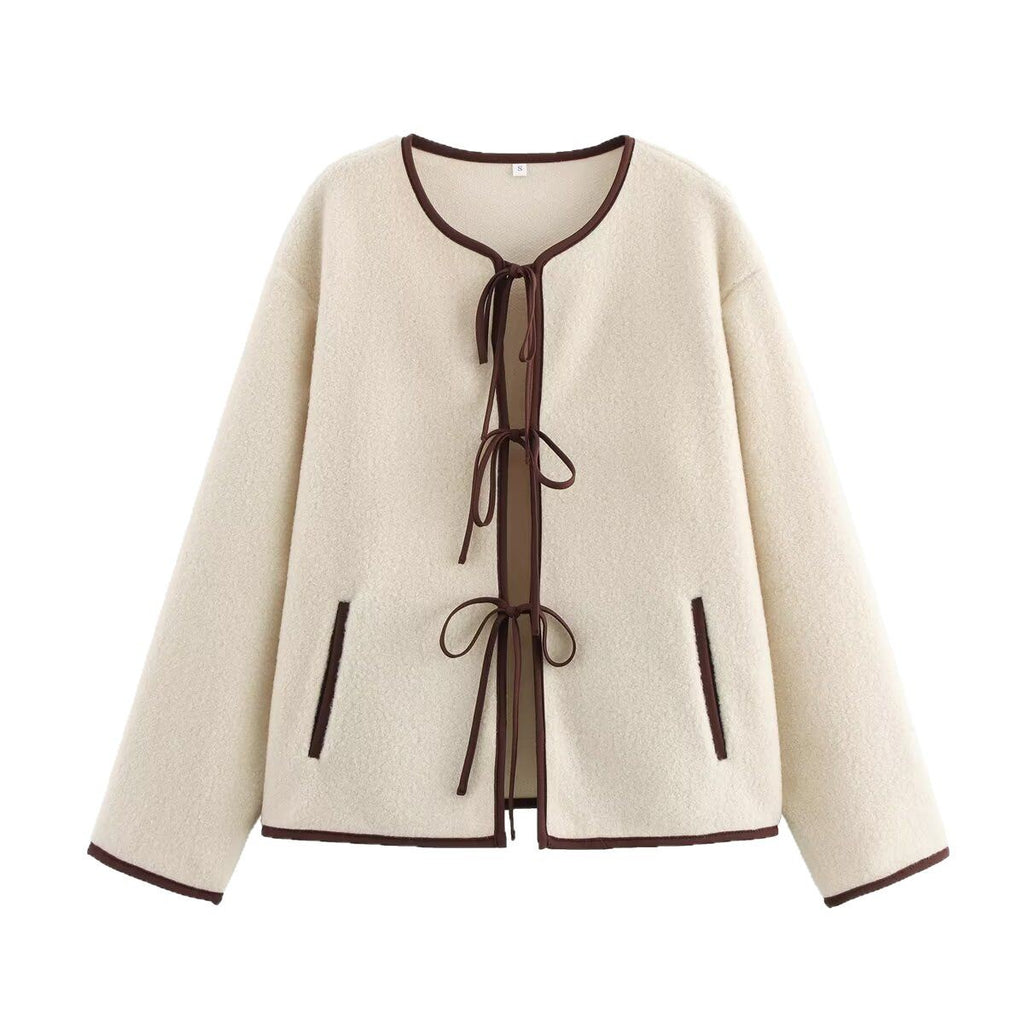 Women's Short Cut Teddy Fleece Jacket with Ties and Contrast Piping Fashion Glam