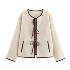 Women's Short Cut Teddy Fleece Jacket with Ties and Contrast Piping Fashion Glam