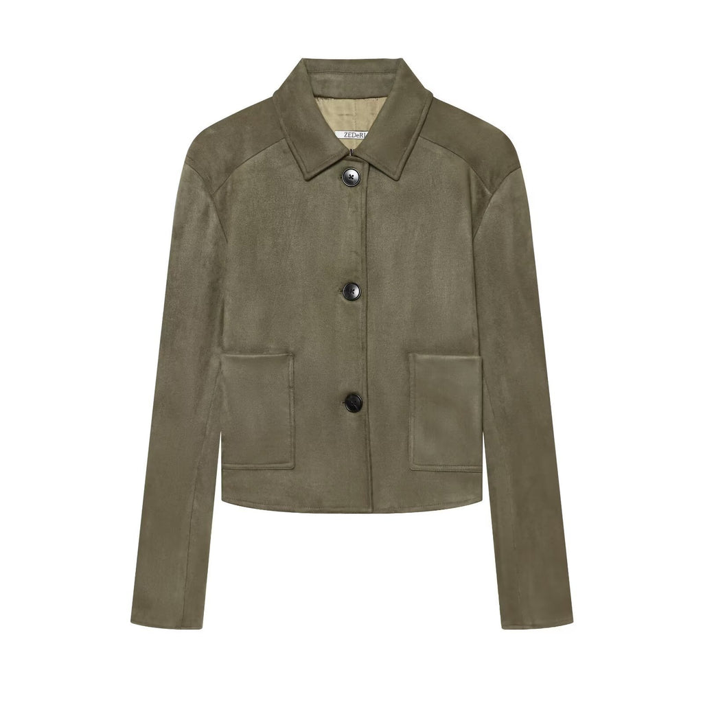 Women's short jacket in suede leather look with shirt collar and patch pockets Fashion Glam