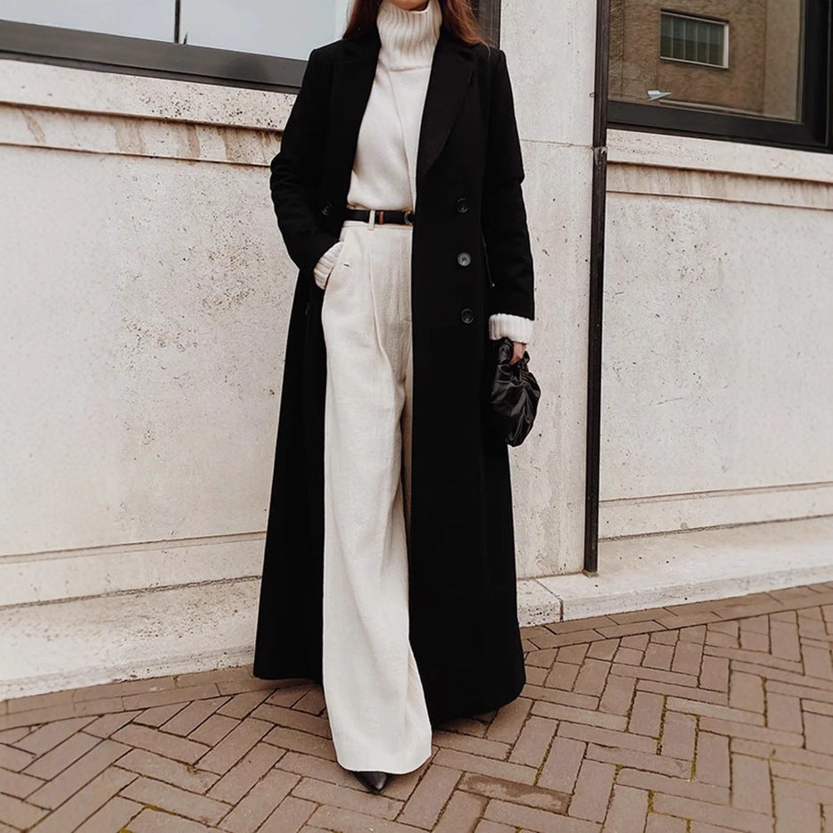 Women Elegant Wool Coat with Double Button Placket and Deep Pockets Fashion Glam