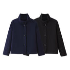 Women's Boxy Short Jacket with High Stand Collar and Concealed Button Placket Fashion Glam
