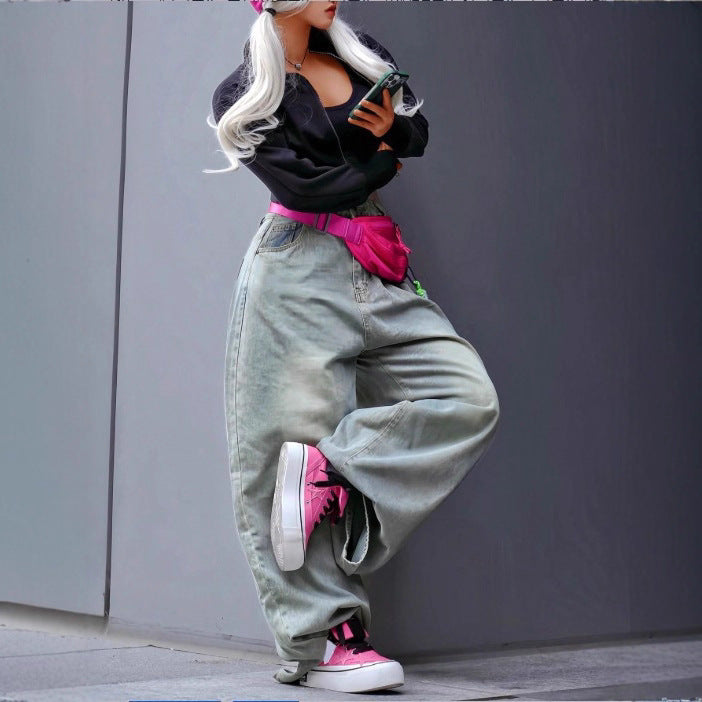 Women wide High-Waist Baggy Jeans with deep crotch and vintage wash Fashion Glam