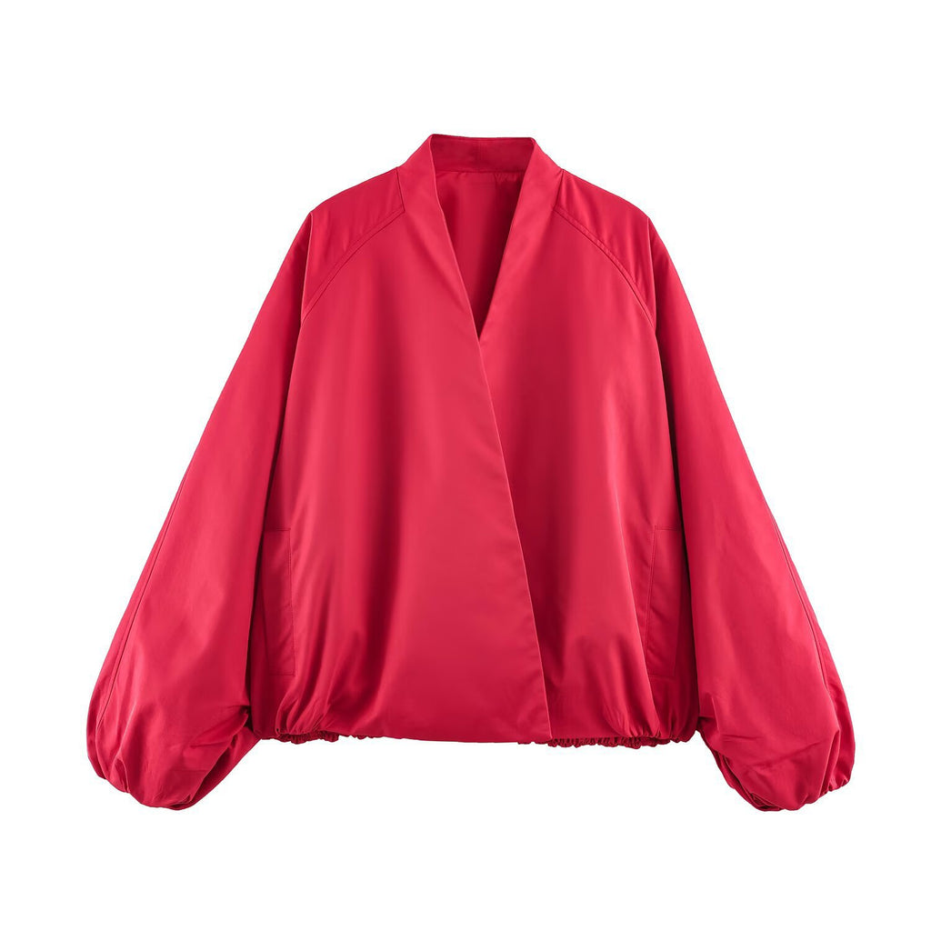 Women's Oversized Bomber Jacket with Kimono Sleeves and Elastic Hem Fashion Glam