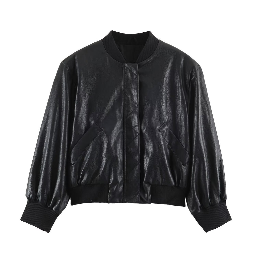 Women's Oversize Bomber Jacket made of Faux Leather with Ribbed Cuffs Fashion Glam