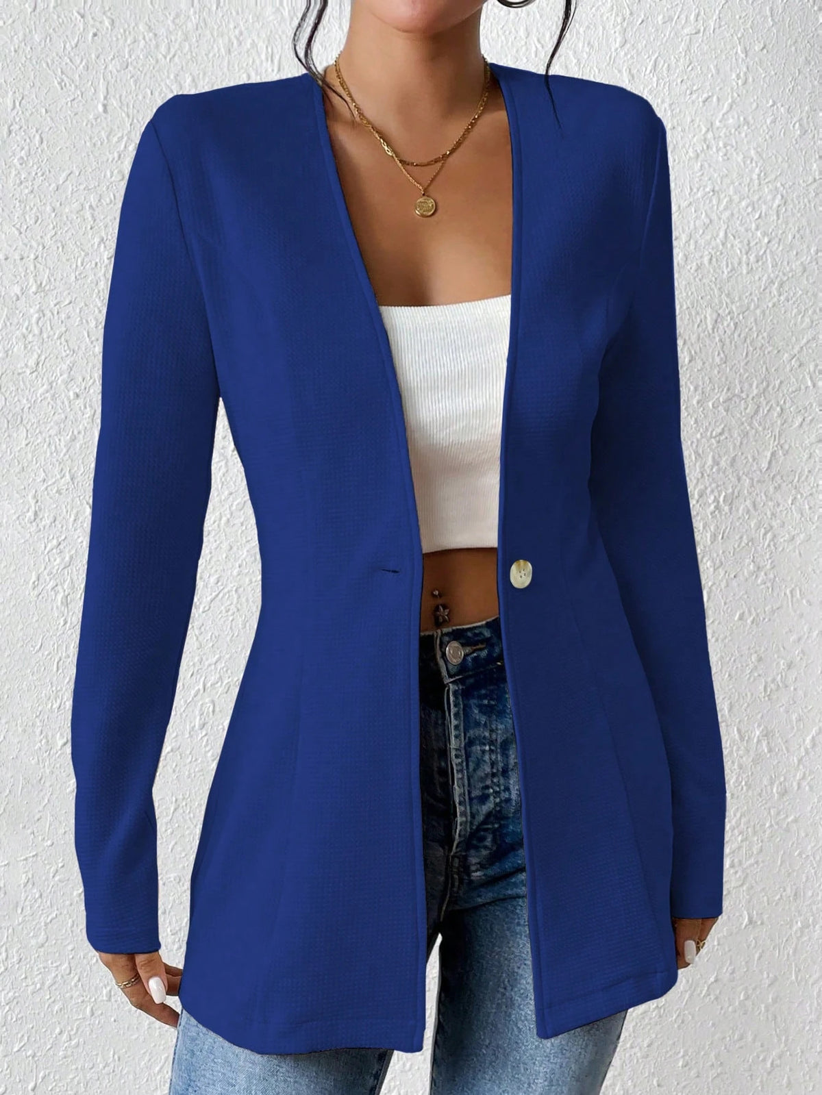 Ladies Tailored Long Blazer with V-Neck and One-Button Closure Fashion Glam