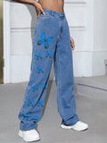 Women Wide Jeans Pants with Butterfly Print Fashion Glam