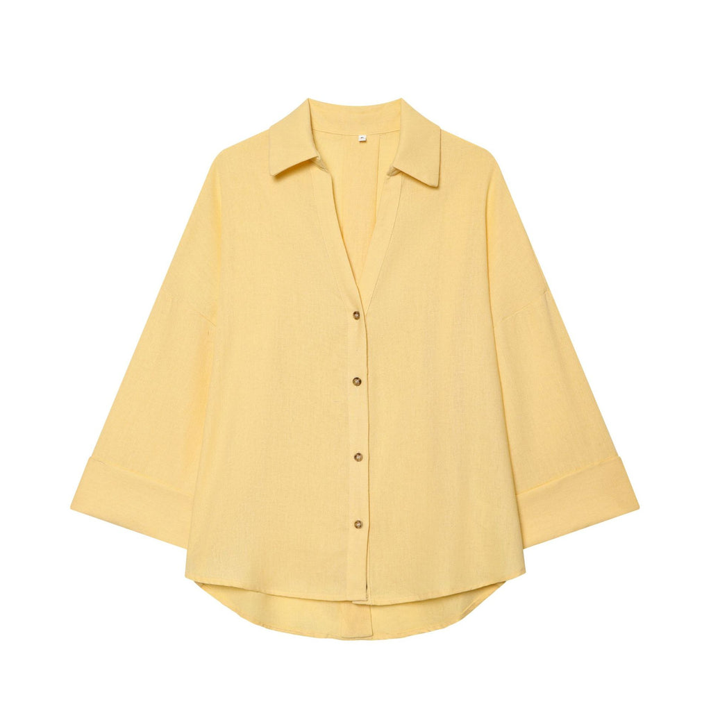 Women Oversized Linen Blouse with Kimono Sleeves and Continuous Button Placket Fashion Glam