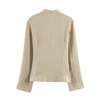 Women lightweight tailored cotton blazer jacket with stand-up collar and decorative button placket Fashion Glam