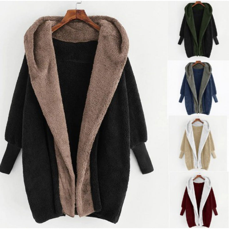 Women's Oversized Faux Fur Hooded Coat with Contrasting Teddy Lining and Ribbed Cuffs Fashion Glam