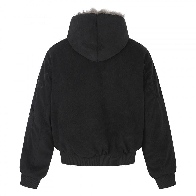 Unisex oversized lined hooded bomber jacket made of suede imitation with teddy lining Fashion Glam