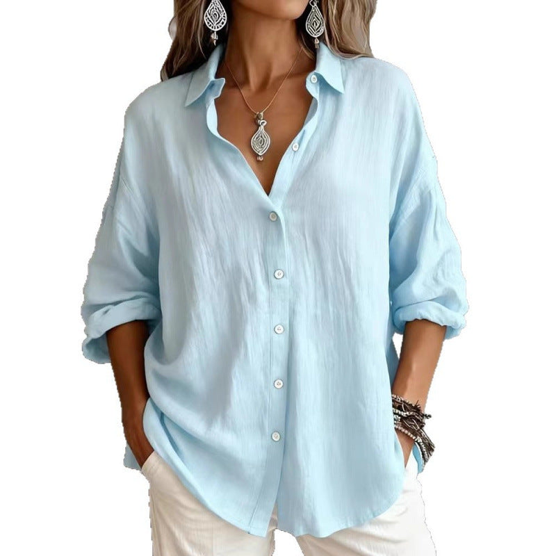 Women's Loose Linen Look Shirt with Oversized Cut and Round Hem Fashion Glam