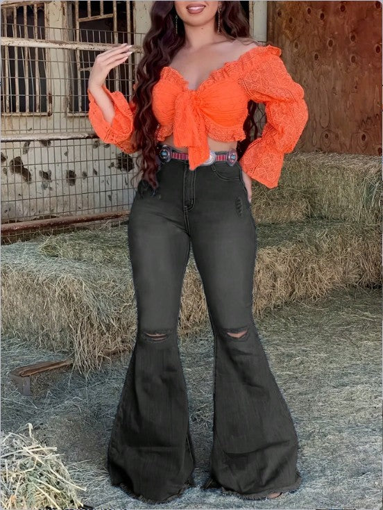 Women's High-Waisted Flared Jeans with Flared Leg, Knee Rips, and Figure-Enhancing Stretch Waistband Fashion Glam
