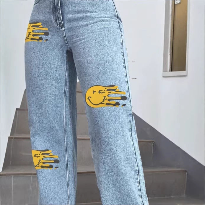 Ladies high-waisted wide denim jeans with striking print spot accents Fashion Glam