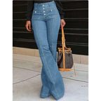 Ladies High-Waisted Flared Jeans with visible center seam, button closure, and patch front pockets Fashion Glam