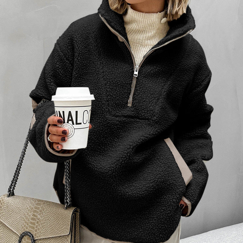 Women's Oversized Sherpa-Fleece Pullover with Half Zipper and Kangaroo Pocket Fashion Glam