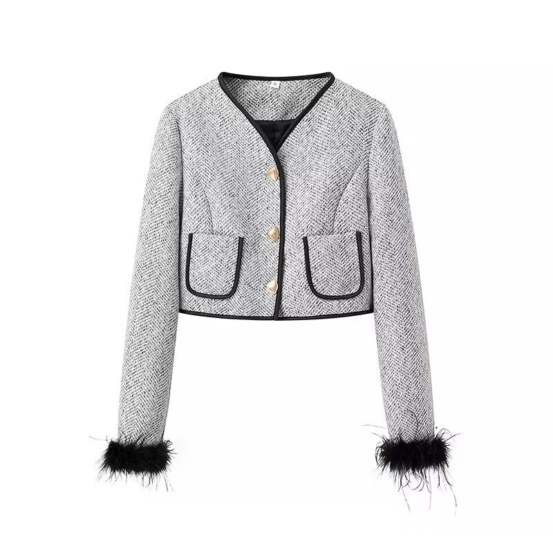 Ladies Elegant Bouclé-Tweed Two-Piece with Tailored Short Blazer, Mini Skirt, Piping Details and Feathery Cuffs Fashion Glam