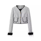Ladies Elegant Bouclé-Tweed Two-Piece with Tailored Short Blazer, Mini Skirt, Piping Details and Feathery Cuffs Fashion Glam