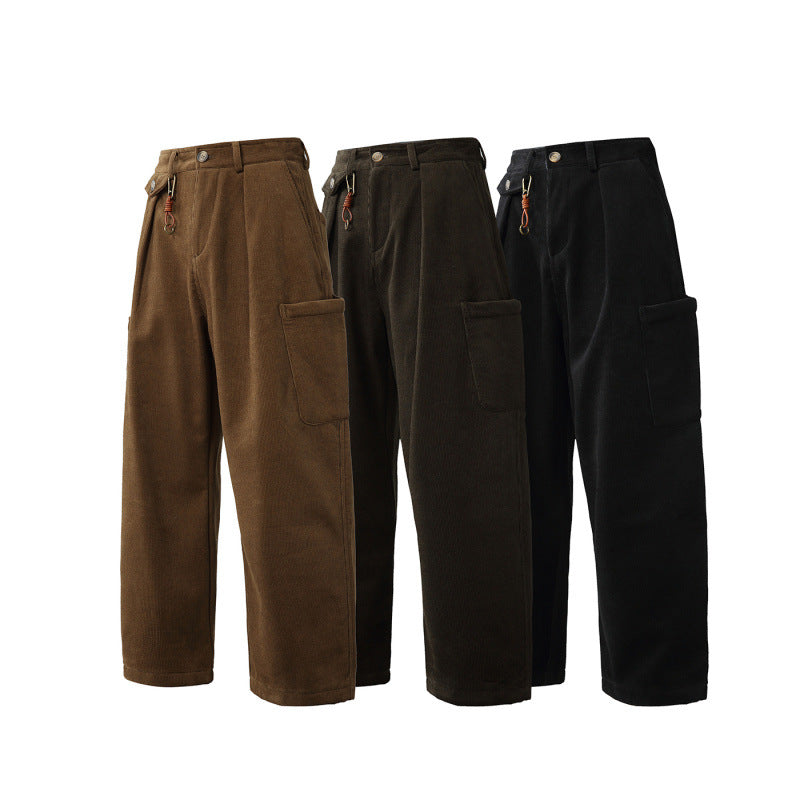 Men's Wide Corduroy Cargo Pants with Pleats, Applied Side Pockets and Relaxed Fit Fashion Glam