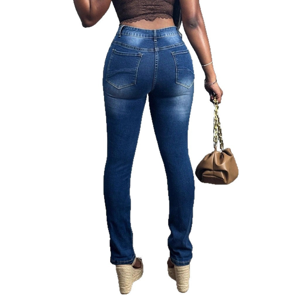 Women High-Waisted Skinny Jeans with Side Flower Embroidery Fashion Glam