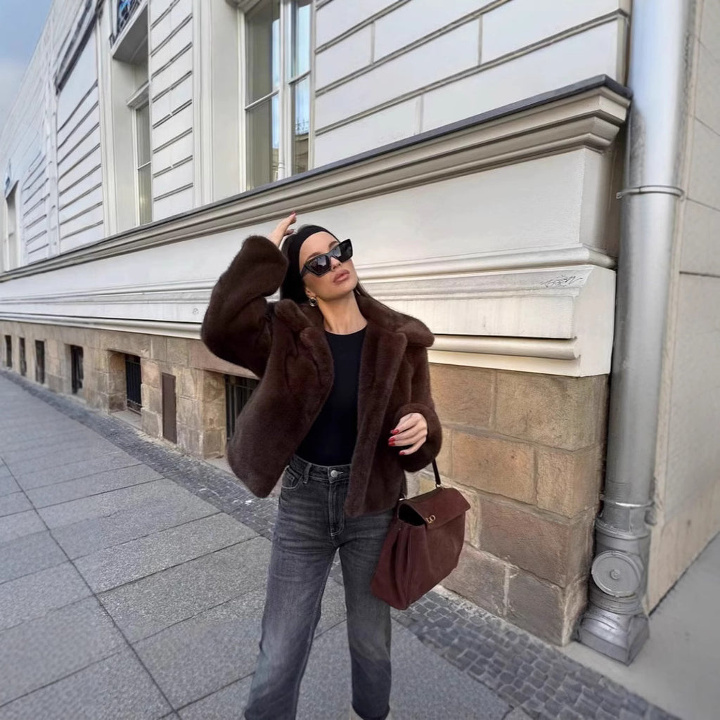 Women's Short Boxy Faux Fur Blouson with Classic Lapel Collar and Silky Lining Fashion Glam