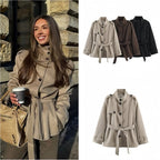 Women Short fitted coat with stand-up collar, shoulder straps and tie belt Fashion Glam