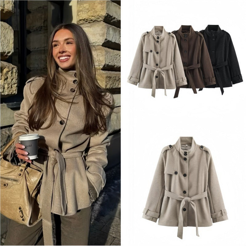 Women Short fitted coat with stand-up collar, shoulder straps and tie belt Fashion Glam