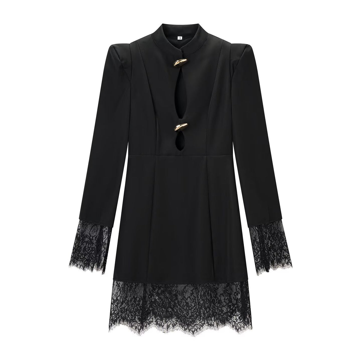 Women's dress with stand-up collar, cut-out front, decorative buttons and lace trim Fashion Glam
