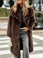 Women's Long High-Pile Faux Fur Coat with Oversized Lapel Collar and Straight Silhouette Fashion Glam