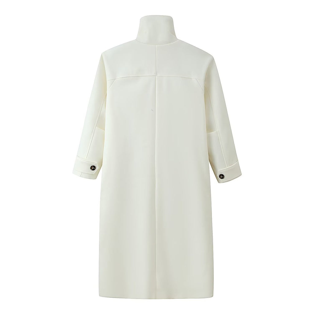 Women's Straight Midi-Length Coat with High Stand-Up Collar and Concealed Button Placket Fashion Glam