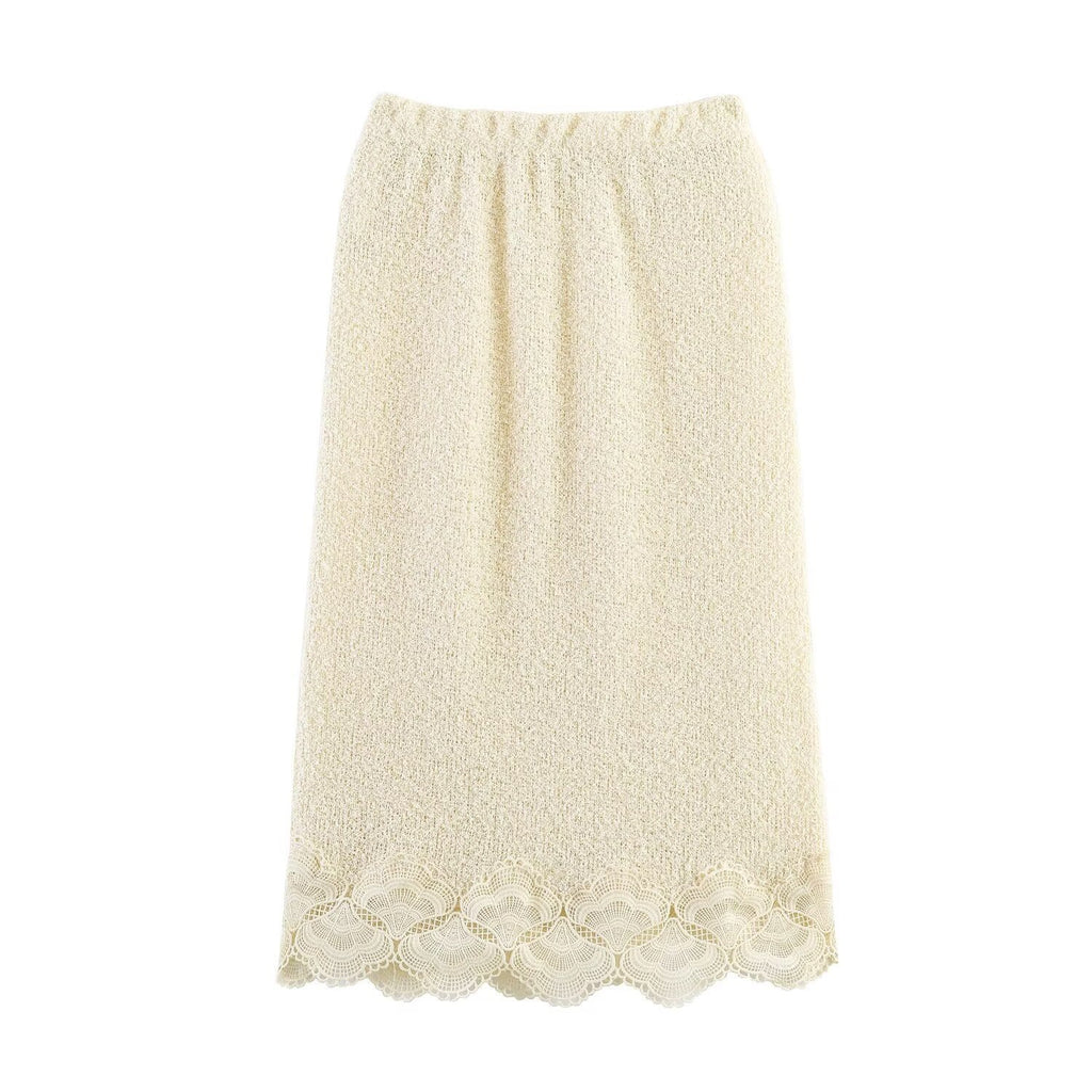 Women Boucle Knit Sweater with Lace Trim and Wavy Hem Fashion Glam