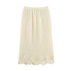 Women Boucle Knit Sweater with Lace Trim and Wavy Hem Fashion Glam