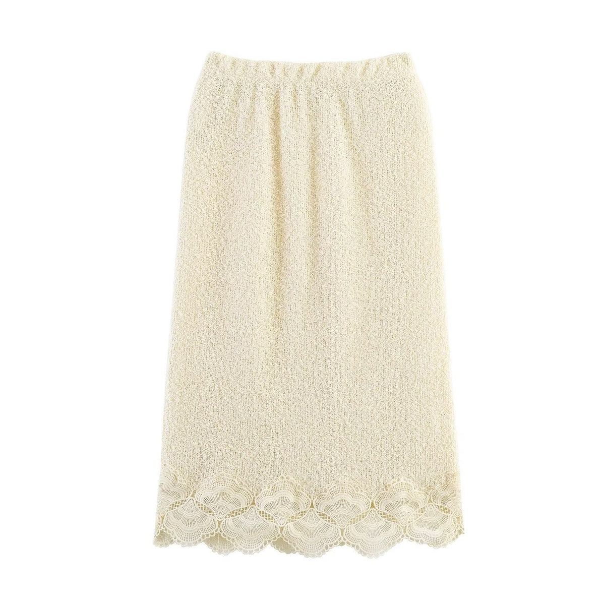 Women Boucle Knit Sweater with Lace Trim and Wavy Hem Fashion Glam
