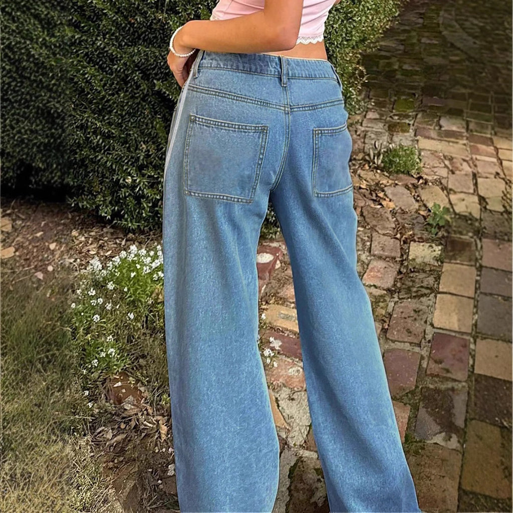 Ladies wide denim jeans with sporty side stripe Fashion Glam