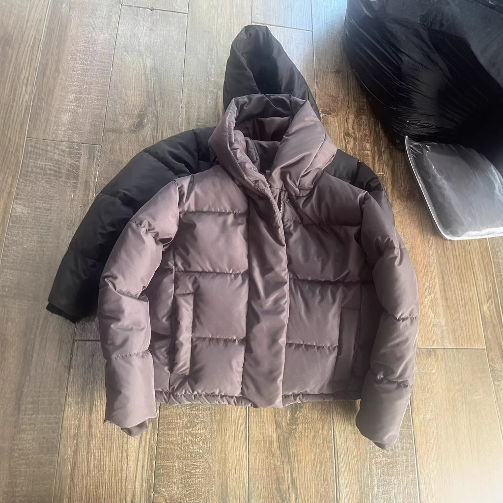 Women's short quilted puffer jacket with high stand-up collar and concealed button placket Fashion Glam