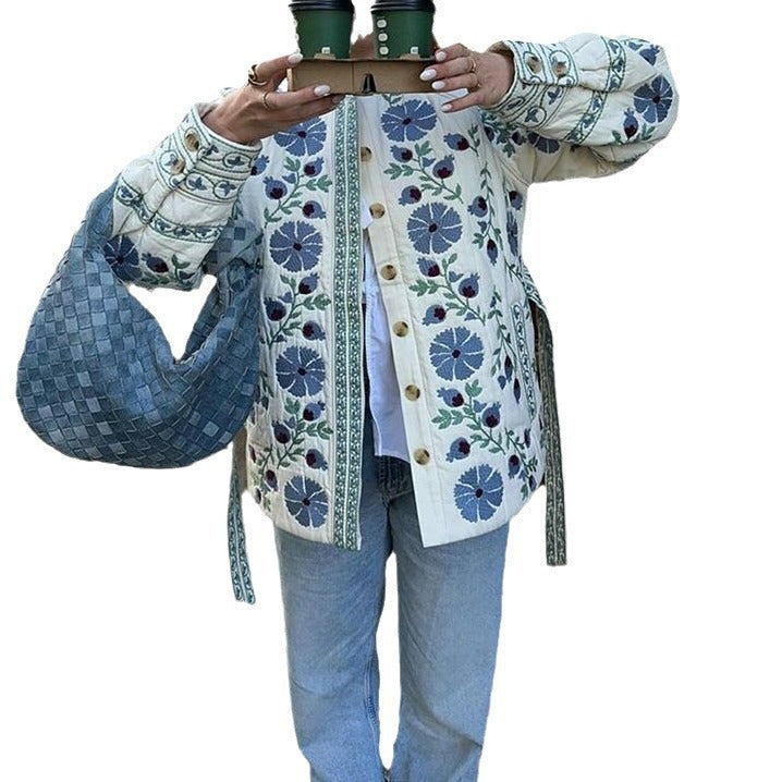 Women’s Embroidered Quilted Jacket in Boho Style with Wooden Button Placket Fashion Glam