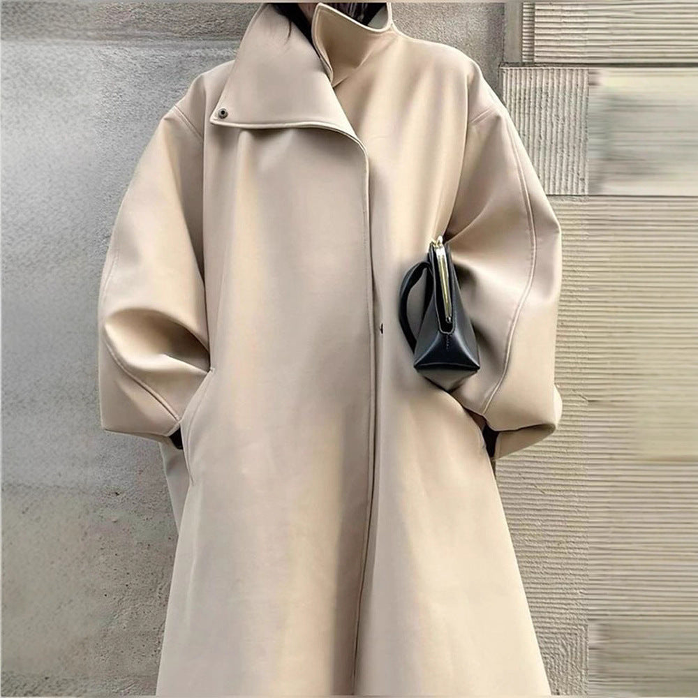 Women's Oversize Cocoon Coat with High Stand-Up Collar and Concealed Button Placket Fashion Glam