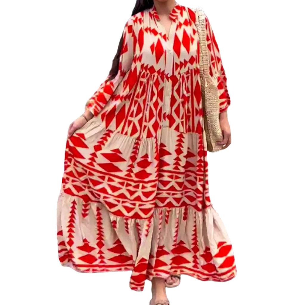Women's Loose Maxi Dress in Boho Style with Graphic Print, V-Neck and Button Placket Fashion Glam