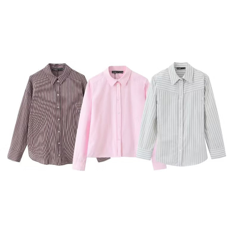 Women Striped Blouse with Western Yoke and Kent Collar Fashion Glam