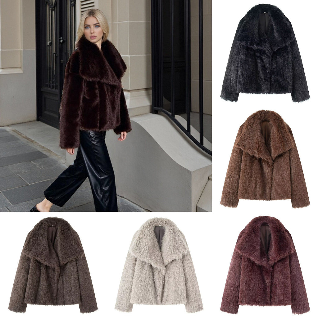 Women's Short Boxy Faux Fur Coat with Generous Shawl Collar and Soft Lining Fashion Glam