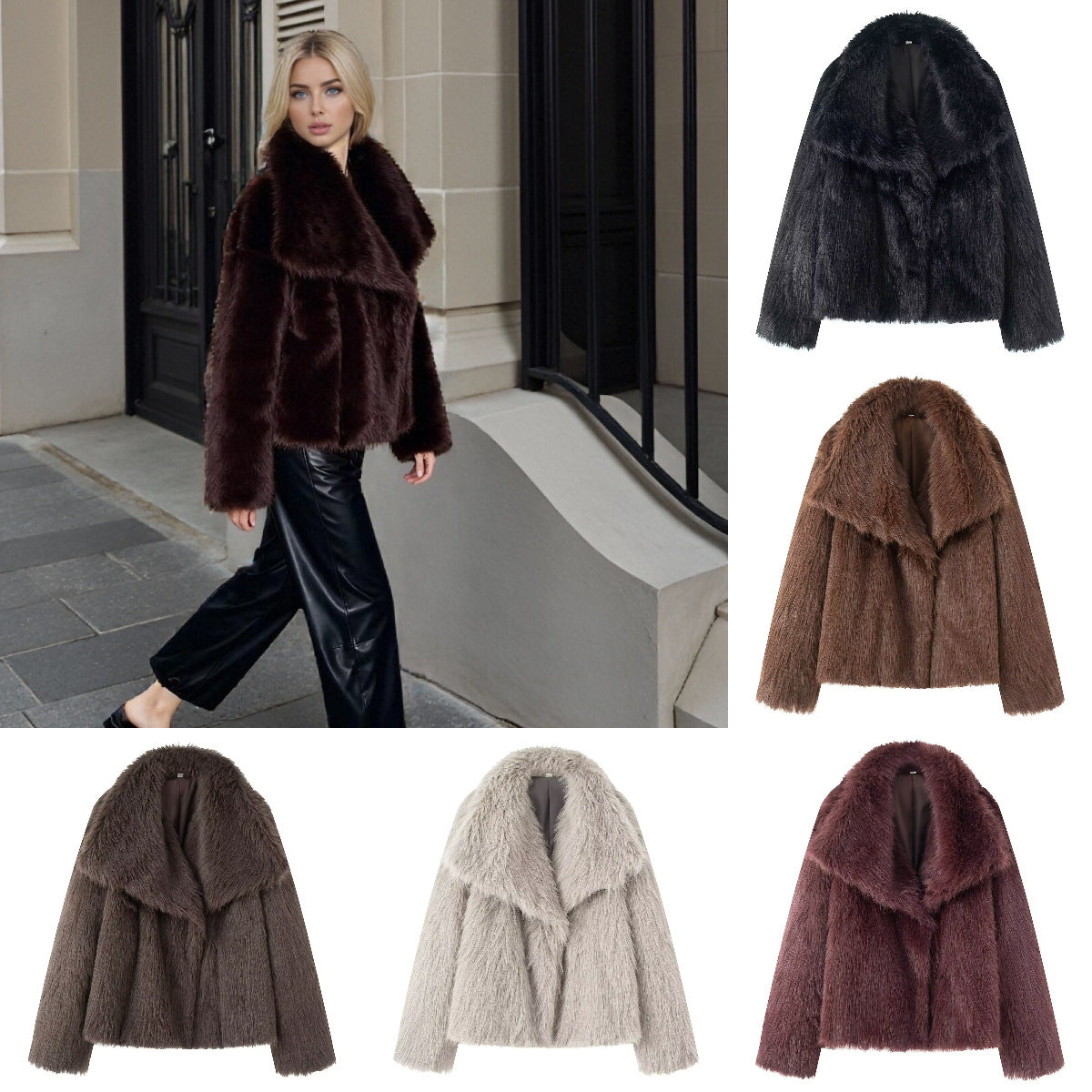 Women's Short Boxy Faux Fur Coat with Generous Shawl Collar and Soft Lining Fashion Glam