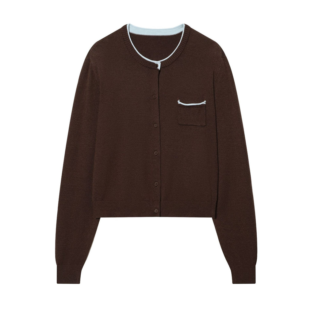 Women’s short-cut cardigan with contrast trim and patch pocket Fashion Glam