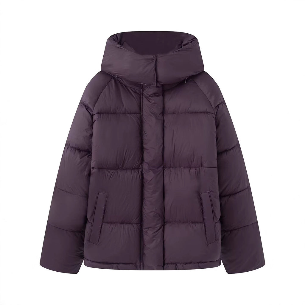 Women's short cut oversized quilted jacket with high collar and hood Fashion Glam